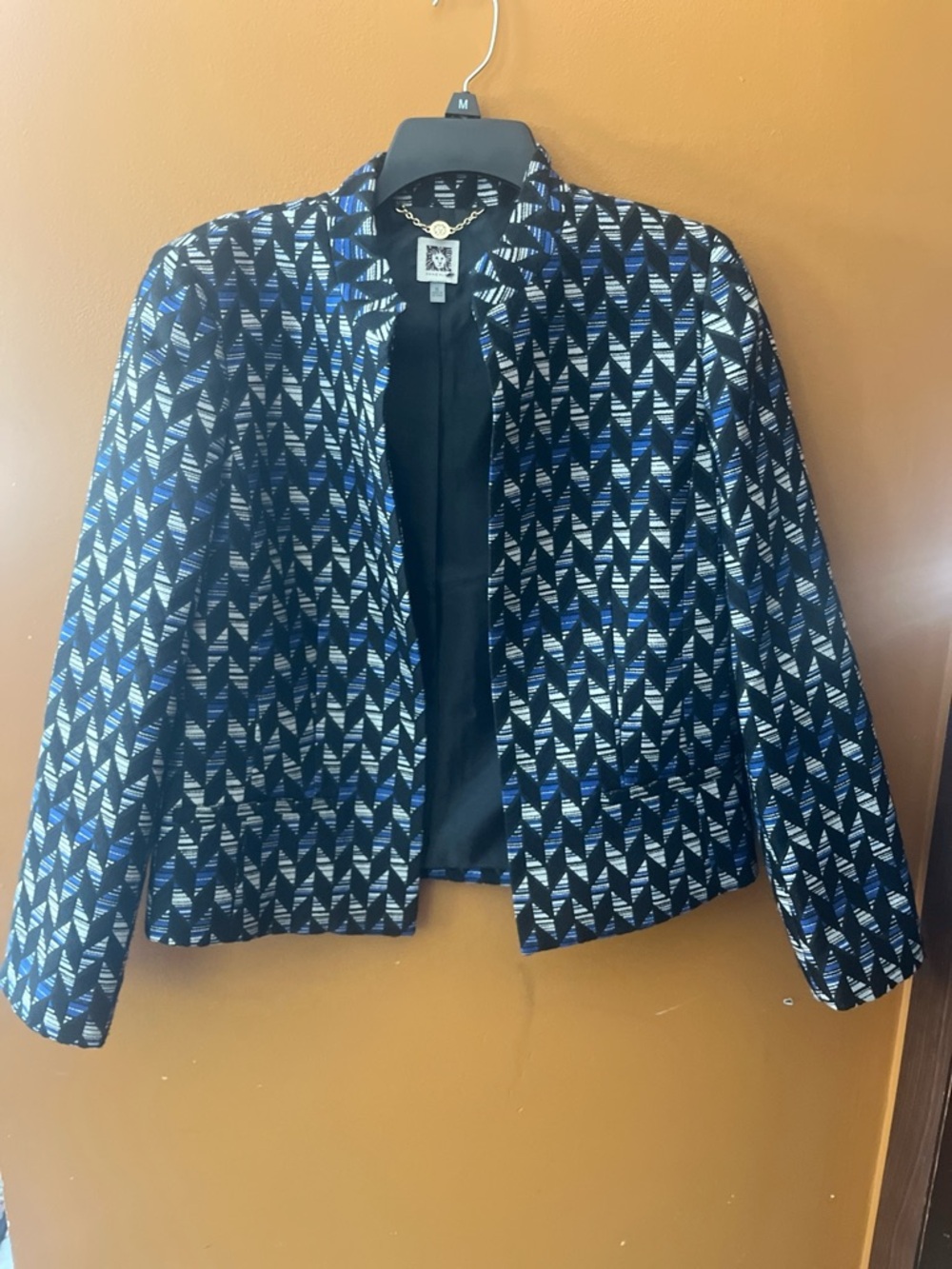 Anne Klein Black & Blue Patterned Open-Front Blazer